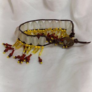 Woven Bracelet with Vintage Glass Beads, Yellow, Brown on Black w/Antique Button